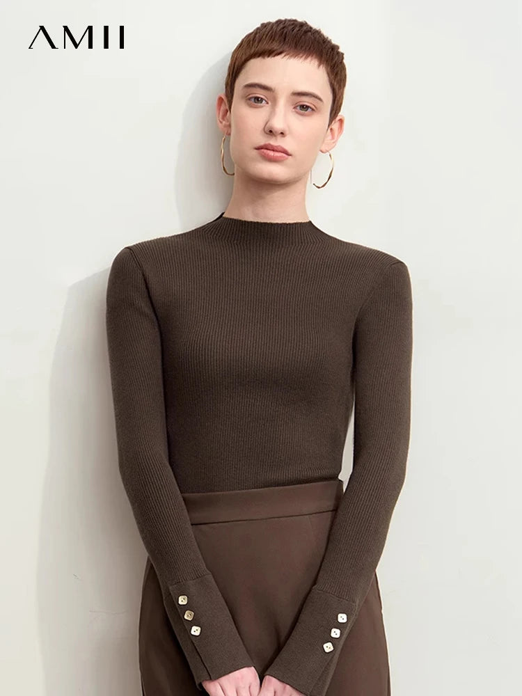 Amii Women's 2026 Autumn Slim Fit Knit Sweater Mock Neck Slit Cuffs Metal Buckle Detail Vintage Style Bottoming Top 12443252