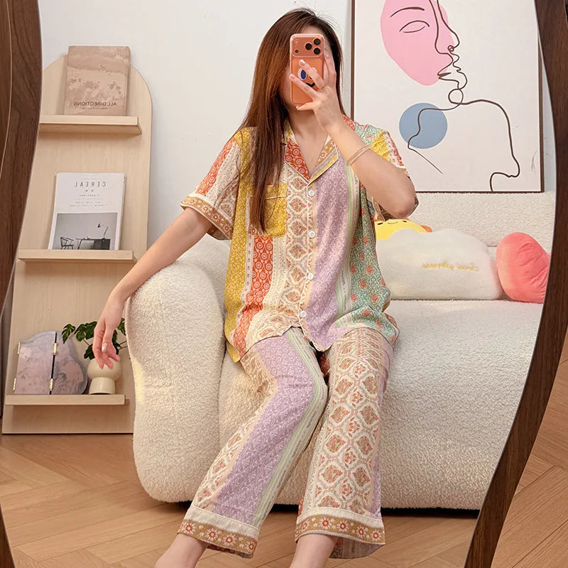 Floral Short Sleeve Sleepwear Female Nightwear Pyjamas Women Summer Pajamas Lapel Top Trousers Home Suit Loungewear Set Pijama