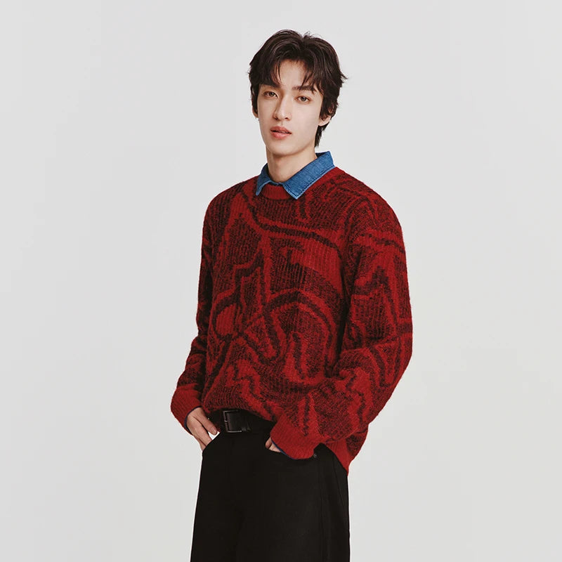 Semir Men Sweater 2026 New Red Double Sided Wear Horse Line Art Jacquard Full Print Crew Neck Knitwear Tops