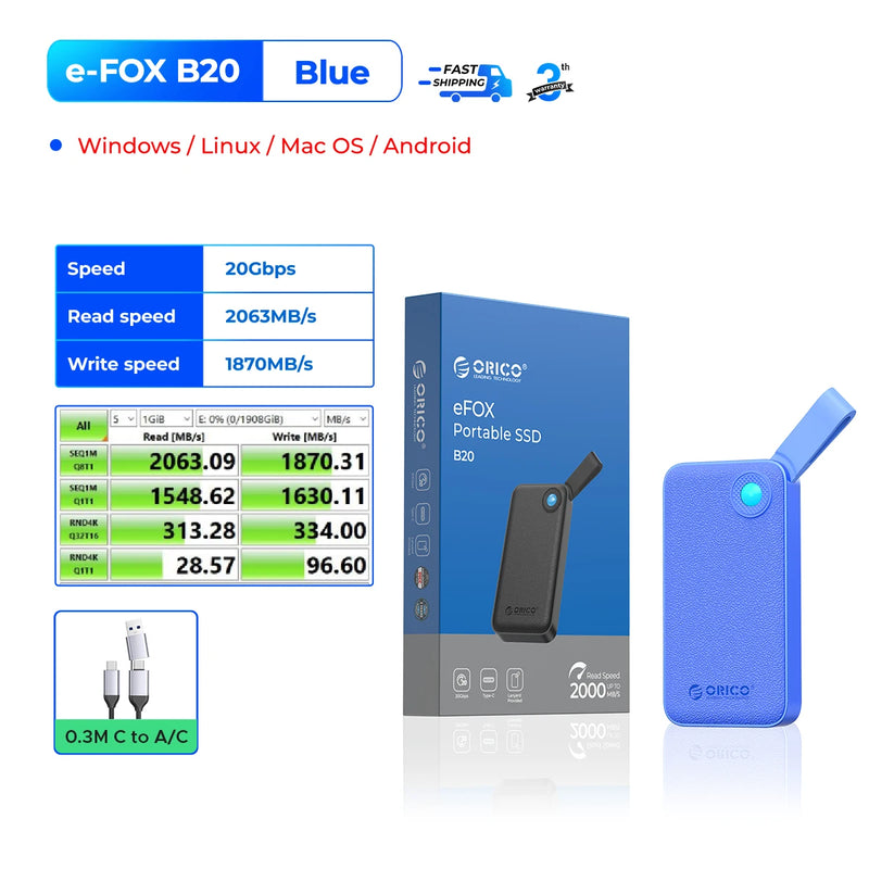 ORICO 2TB Portable SSD Up to 2000MB/s USB 3.2 Gen 2x2 Ultra-Mini Compact with 2 in 1 USB C Cable, External Solid State Drive