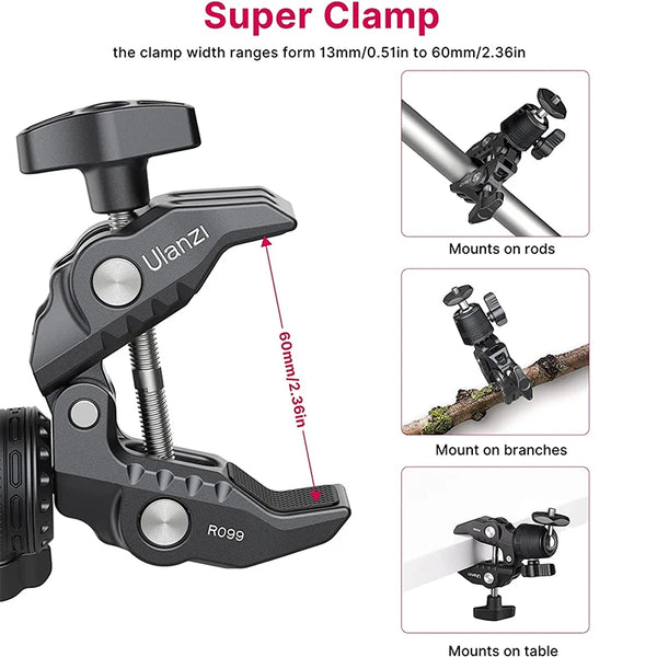 Ulanzi R099 Super Clamp ជាមួយក្បាលបាល់តូច 360° តង្កៀបក្ដាប់រហ័ស Tripod Mount 1/4 វីសសម្រាប់កាមេរ៉ា Gopro DSLR