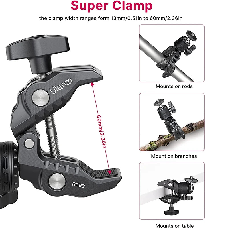 Ulanzi R099 Super Clamp ជាមួយក្បាលបាល់តូច 360° តង្កៀបក្ដាប់រហ័ស Tripod Mount 1/4 វីសសម្រាប់កាមេរ៉ា Gopro DSLR