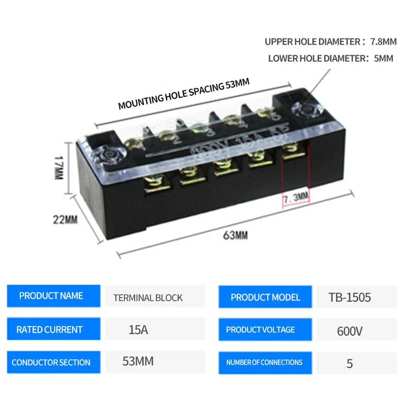 15A/25A/45A 3/4/6/8/10/12 Dual Row Barrier Screw Terminal Block Strip Wire Connector 600V Positions Optional