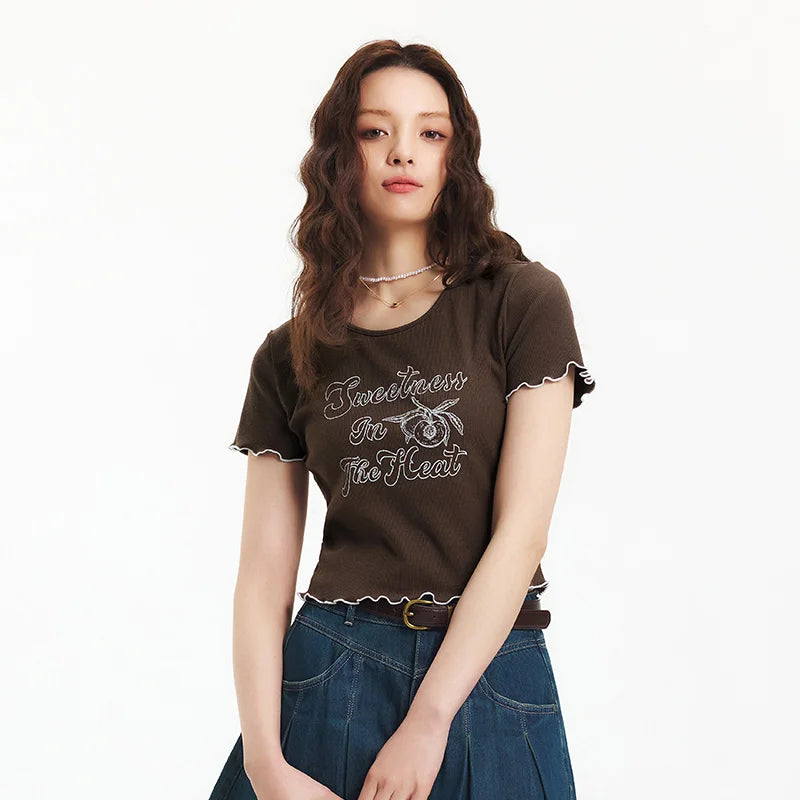 Semir Cut-Out Detail Short Sleeve T-Shirt Women Playful Lace Trim 2025 Summer New Floral Print Top