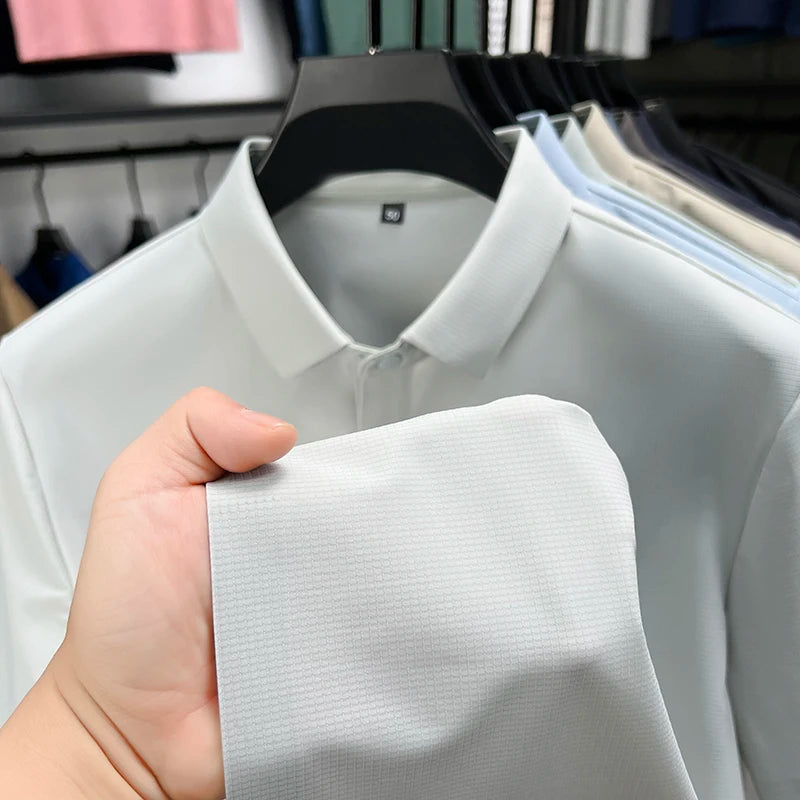 Summer Short Sleeve T-Shirt - Premium Jacquard Spandex, 7A Antibacterial, Seamless, Contrast Color, Split Hem, Wrinkle-Free Polo