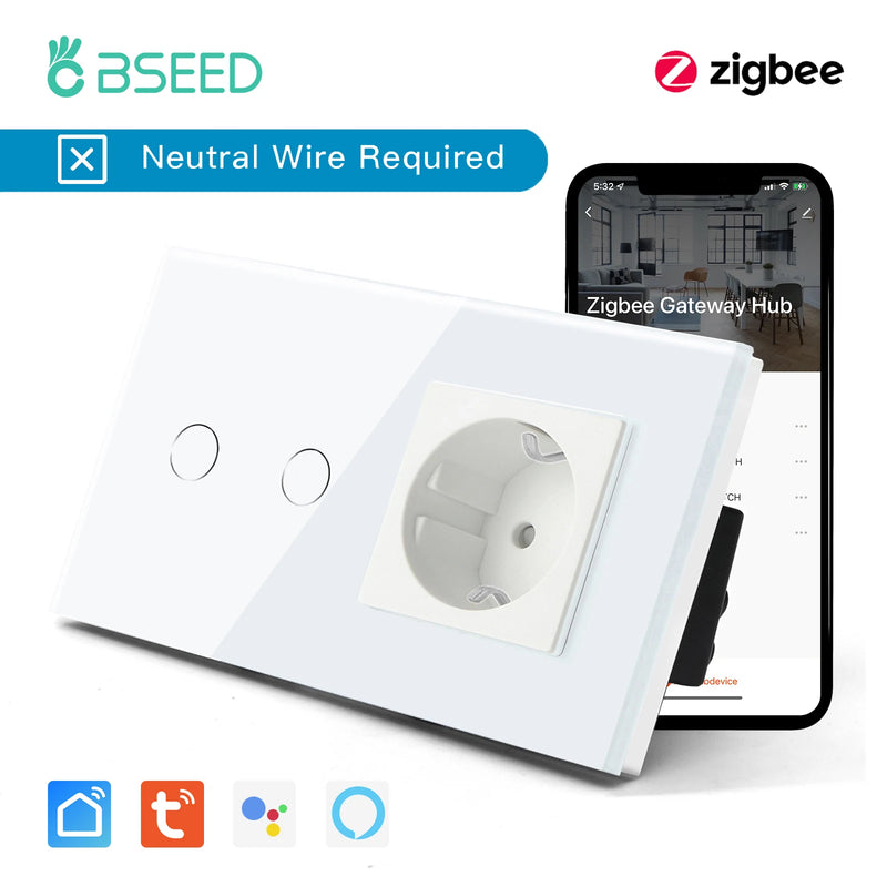 BSEED Zigbee Switch 1/2/3Gang Smart Sensor Switch Tuya Smart Life Control No Neutral Line With Normal EU Wall Socket