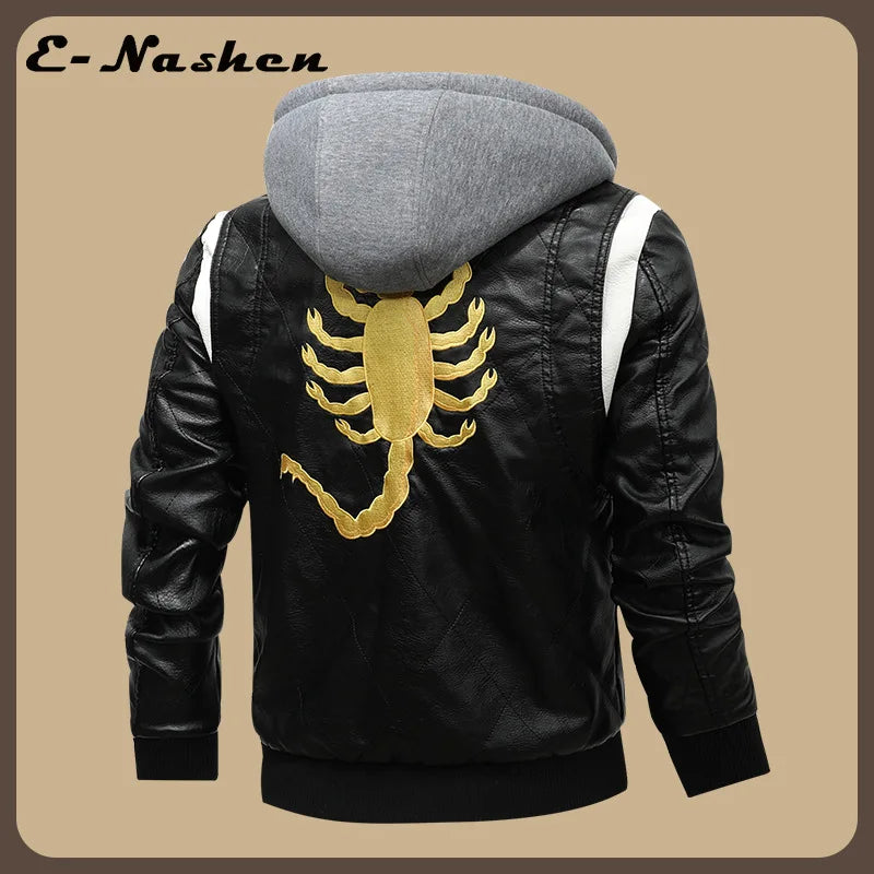 European and American-style Men's White Faux Leather Jacket; Black Hooded PU Motorcycle Coat with A Detachable Hood.