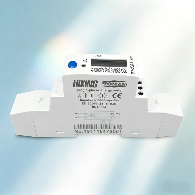 TOMZN Single-Phase DIN-Rail Energy Meter – 5(45)A, 220V 50/60Hz LCD Display KWh Watt-hour Measurement