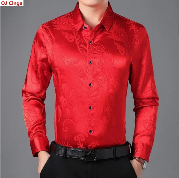 Men's Red Long-sleeve Printed Shirt with A Lapel Featuring A Chinese Dragon Design. White, Blue, Yellow, Brown, and Gray.