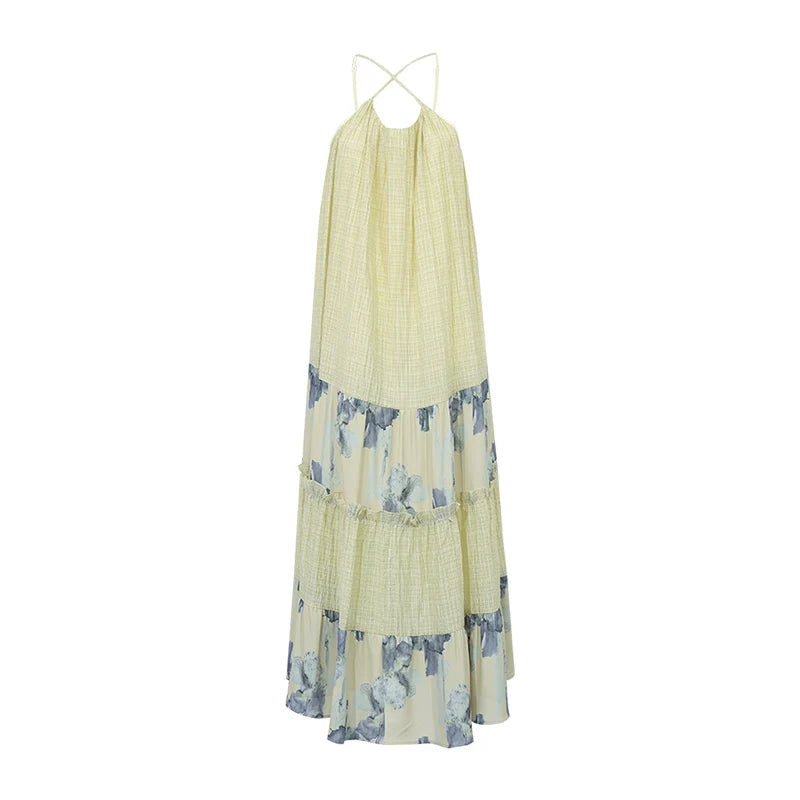 Amii Women's Chiffon Dress 2026 Summer New Spaghetti Strap A-Line Holiday Casual Printed Patchwork Midi Dress For Women 12651039
