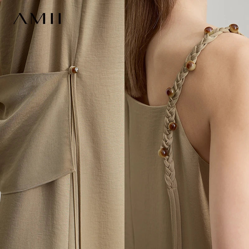AMII Minimalist Solid Summer Camisole Dress Women New 2026 Sling Collar Pleated Sleeveless Loose Dresses Female Fashion 12552040