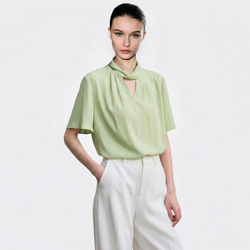 Amii Women's Blouse 2026 Summer New Twist Neck Cutout Jacquard Chiffon Top Elegant Office Flare Sleeve Shirt For Women 12622071