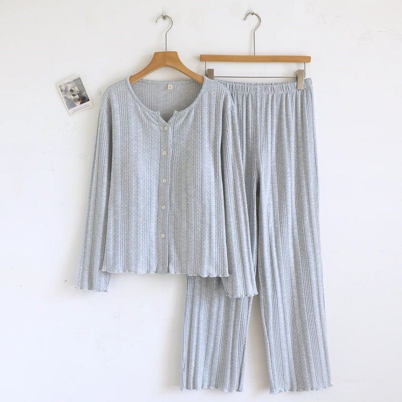 Knitted Cotton Sleepwear Lady Long-sleeved TrousersTwo-piece Spring Autumn Women's Home Wear Pyjama Set New Arrival Homewear