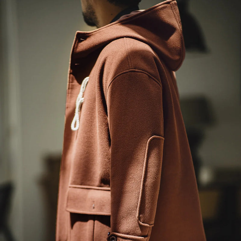 Maden New Unisex Retro Horn Button College Style Hooded Coat Loose Long-length Warm Solid-color Outerwear for Fall and Winter