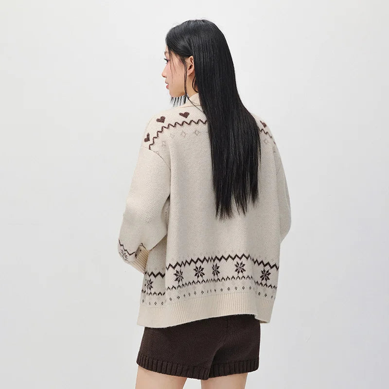 Semir Women Knit Cardigan Turn Down Collar Oversized Fit Geometric Jacquard 2026 New Winter Daily Wear Urban Casual Style