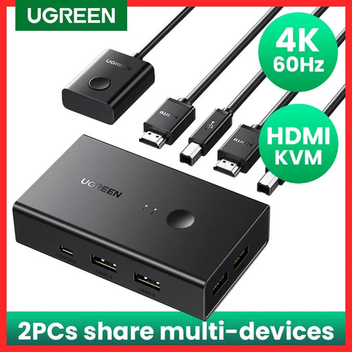 UGREEN HDMI-compatible KVM Switch 4K@60Hz USB 2.0 Switcher 2 in 1 Out for Printer Monitor Mouse 2 PCs Sharing 1 Device Splitter