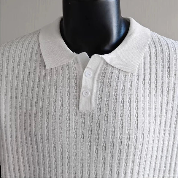 Men’s Short Sleeve Ribbed Knit Polo Shirt Solid Color Soft Breathable Classic Collar Casual Top Business Sports