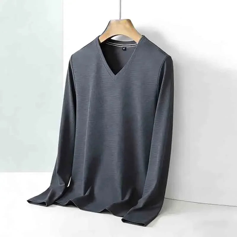 Men's Camel V-neck Long Sleeve Tee Slim Fit Soft Knit Pullover Spring & Autumn Shirt