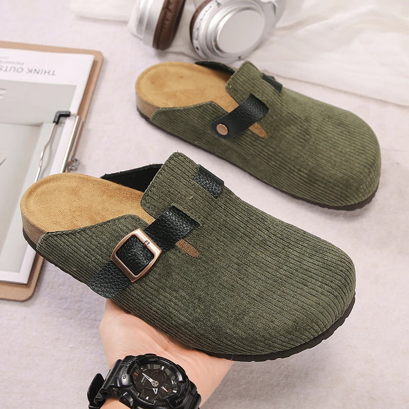 Men Women Corduroy Clogs, Adjustable Buckle Cork Footbed Mules, Closed-Toe Comfort Slip-On Shoes for Indoor & Outdoor