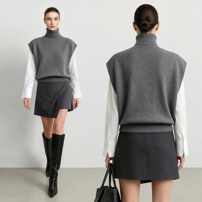 Amii Women's Vest Sweater Sleeveless Broad Shoulder Casual Stylish Turtleneck Knit Tops 2026 Autumn Female Clothes 12643040