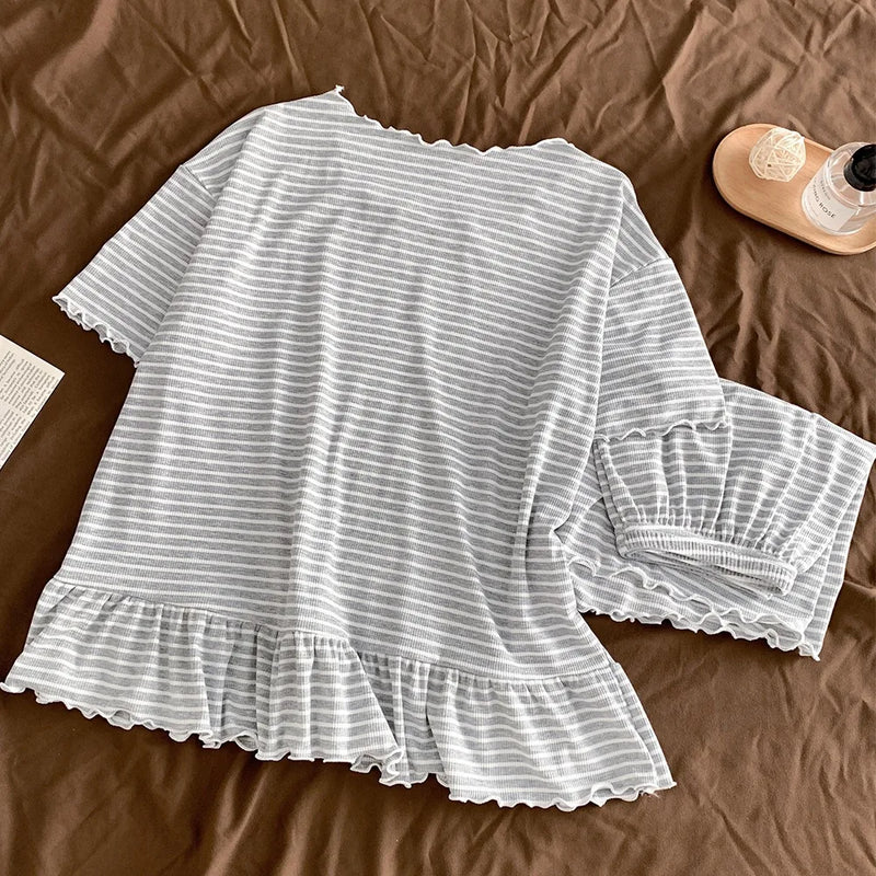 Striped Pyjamas Summer Short Sleeve Pajamas Set Soft Pijama Suit 2 Piece Set Sleepwear Women Night Clothes Night Wear Female