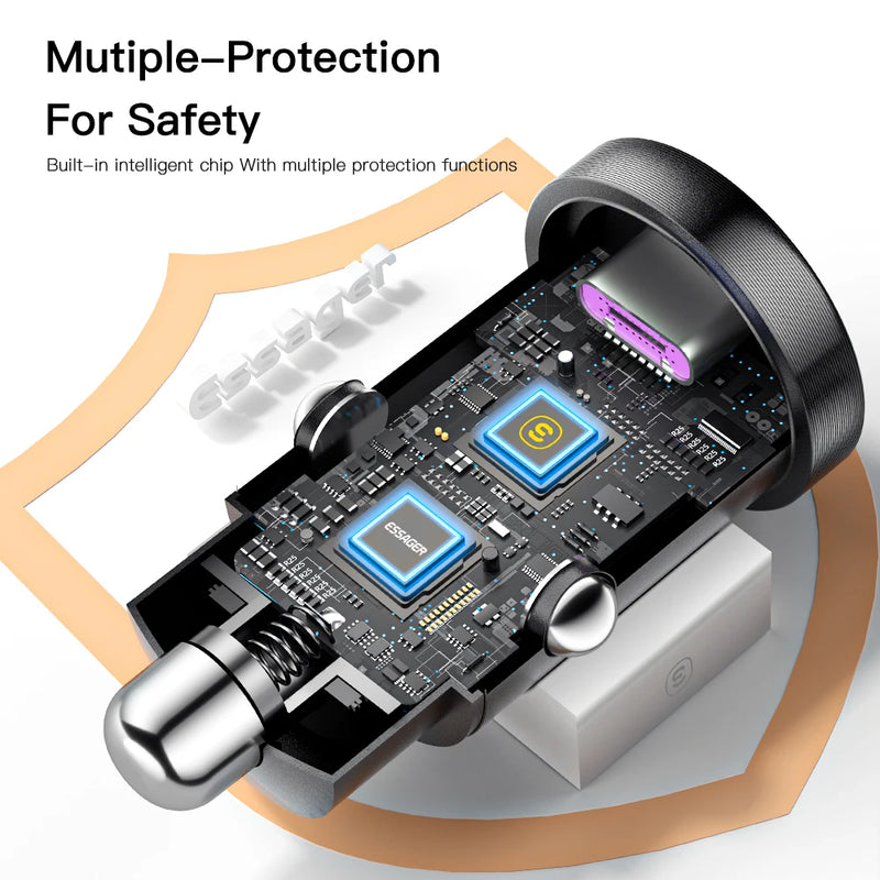 ឆ្នាំងសាករថយន្ត Essager 30W USB Quick Charge 4.0 QC PD 3.0 SCP 5A USB Type C សាកថ្មរថយន្តលឿនសម្រាប់ iPhone 14 13 Huawei Samsung Xiaomi