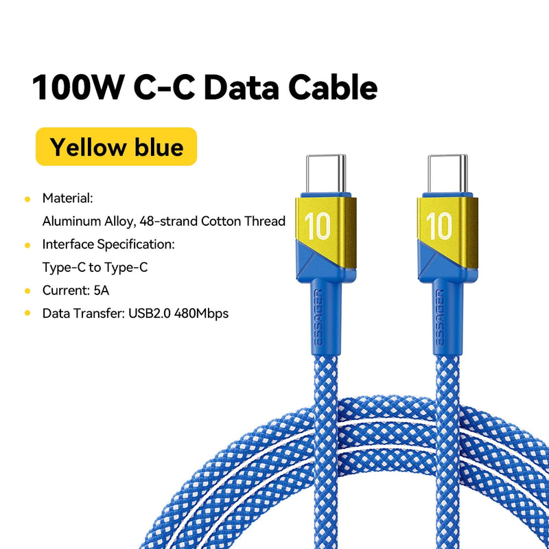 ខ្សែសាក ESSAGER 100W 5A USB C ទៅ USB C សម្រាប់ iPhone 17 16 15 14 Pro Max MacBook iPad Laptop សាកថ្មលឿន ក្រុមបាល់ទាត់ ពណ៌ ខ្សែ