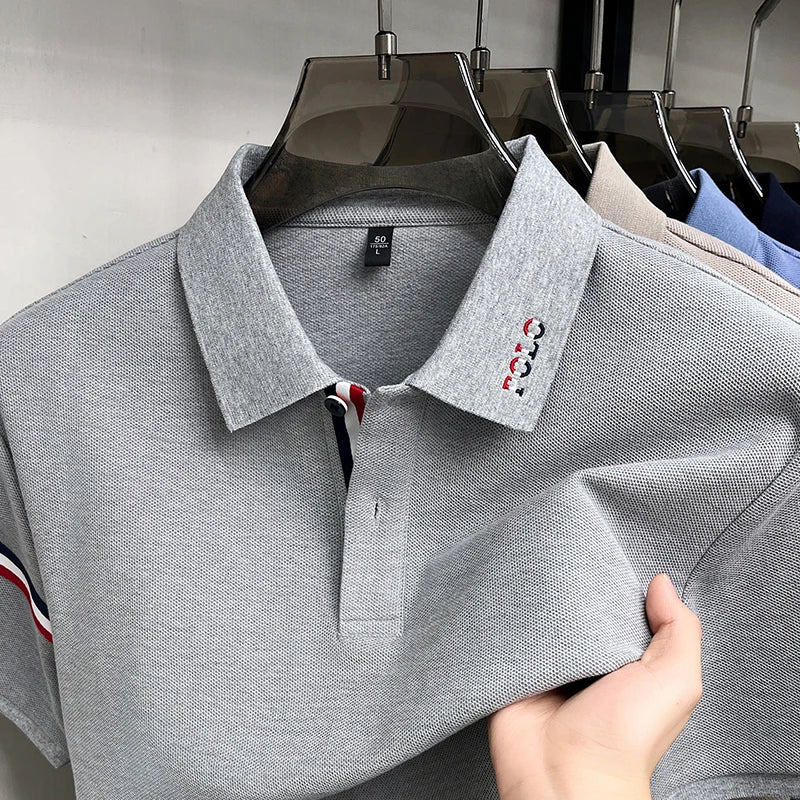 100%Cotton Man Short-Sleeved Polo Shirt Lapel Button Letter Embroidery Summer New Polo Shirt Casual Fashion Breathable Mens Wear