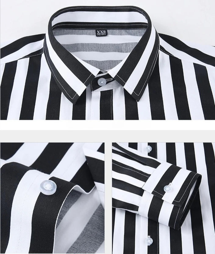 Men's Long-sleeve Shirt with Black Stripes, White Single-breasted Button-down Shirts, Business-casual Top.