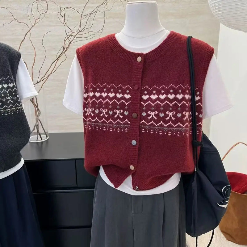 Retro Jacquard Knitted Cardigan Vest Women's Spring Autumn Round Neck Lazy Wind Casual Stacked Top Sleeveless Knitwear Sweater