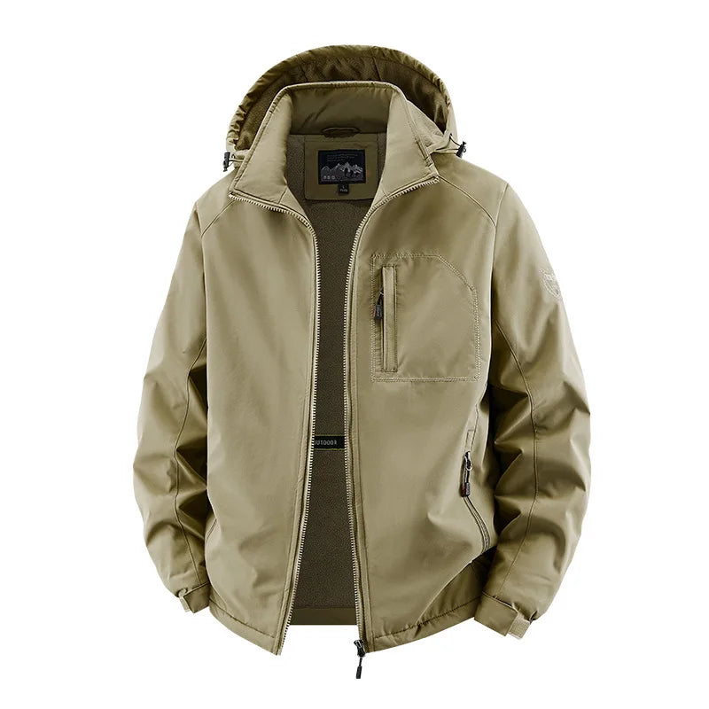 Men's Detachable Hood Jacket, Windproof Waterproof Outdoor Coat, Fleece-Lined Option, Army Green Khaki Navy Black