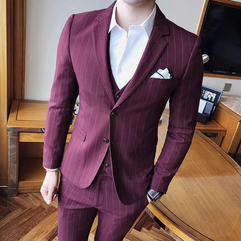 2026 Men Black Classic Striped/Checked Suits, Men's Business Office 3-Piece, Asian Size Slim Fit Sets, Blue/Gray Available