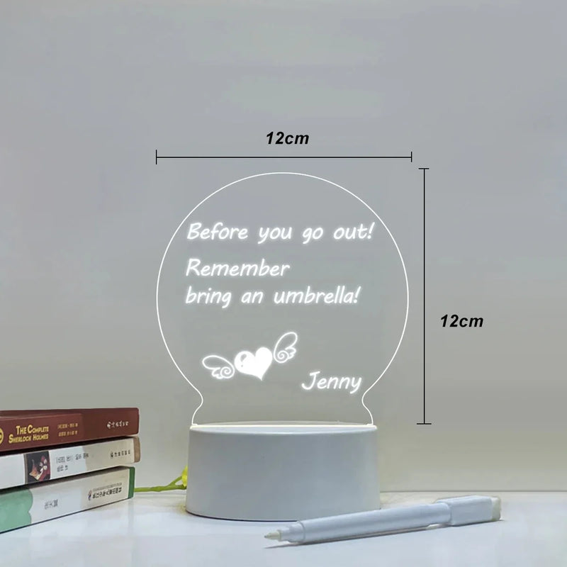 LED Night Light with Pen Acrylic Dry Erase Board Clear Desktop Note Memo Board Painting Message Soft Lights Desk Lamp Gift