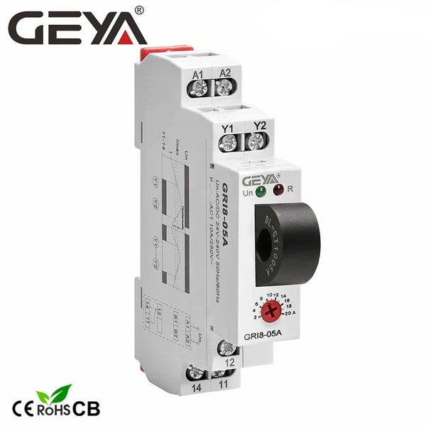 រេឡេត្រួតពិនិត្យចរន្ត AC ឬ DC GEYA GRI8-05 ត្រង់ 2A-20A AC24V-240V ការពារចរន្តលើស និងចរន្តក្រោម