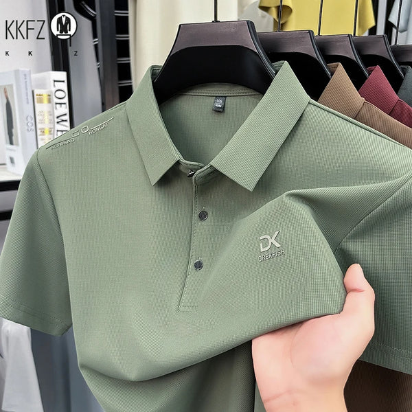 Mens Classic Short Sleeve Polo Shirt Lapel Style Chest Embroidery Detail Breathable Top For Daily Commute And Outdoor Use