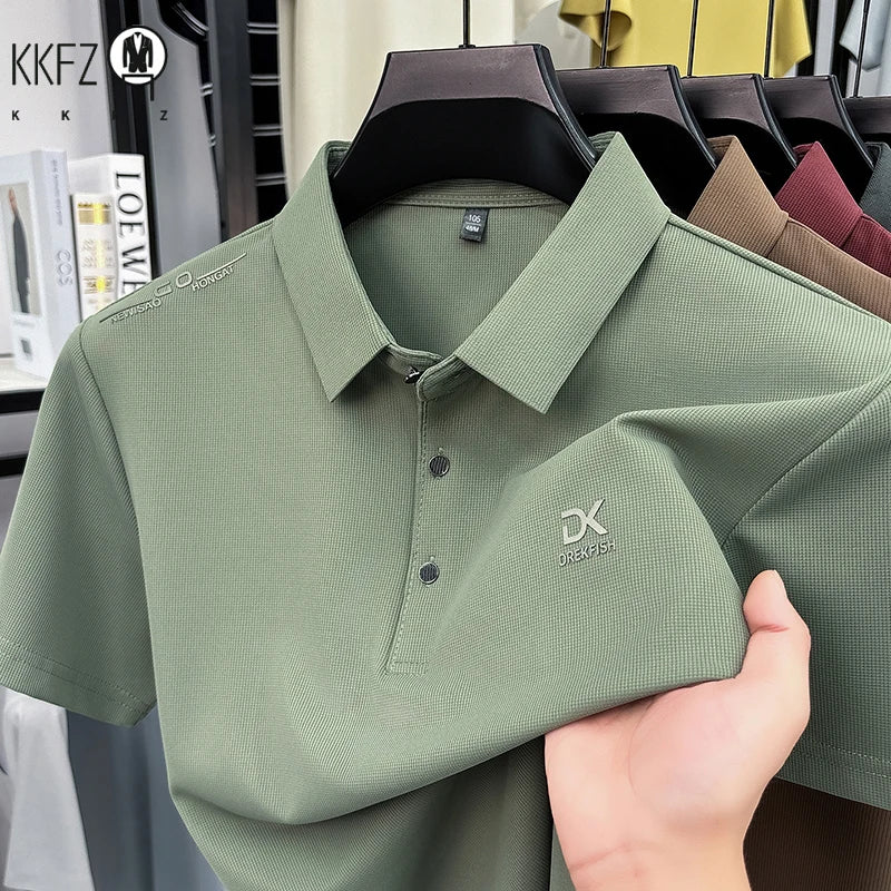 Mens Classic Short Sleeve Polo Shirt Lapel Style Chest Embroidery Detail Breathable Top For Daily Commute And Outdoor Use