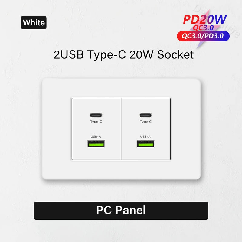 EU Korea Standard 4*2 Wall Light Switch Socket,USB Type-c 20W Fast Charger plug,1/2/3/4/Gang 2 Way Switch PC Panel Power ON OFF