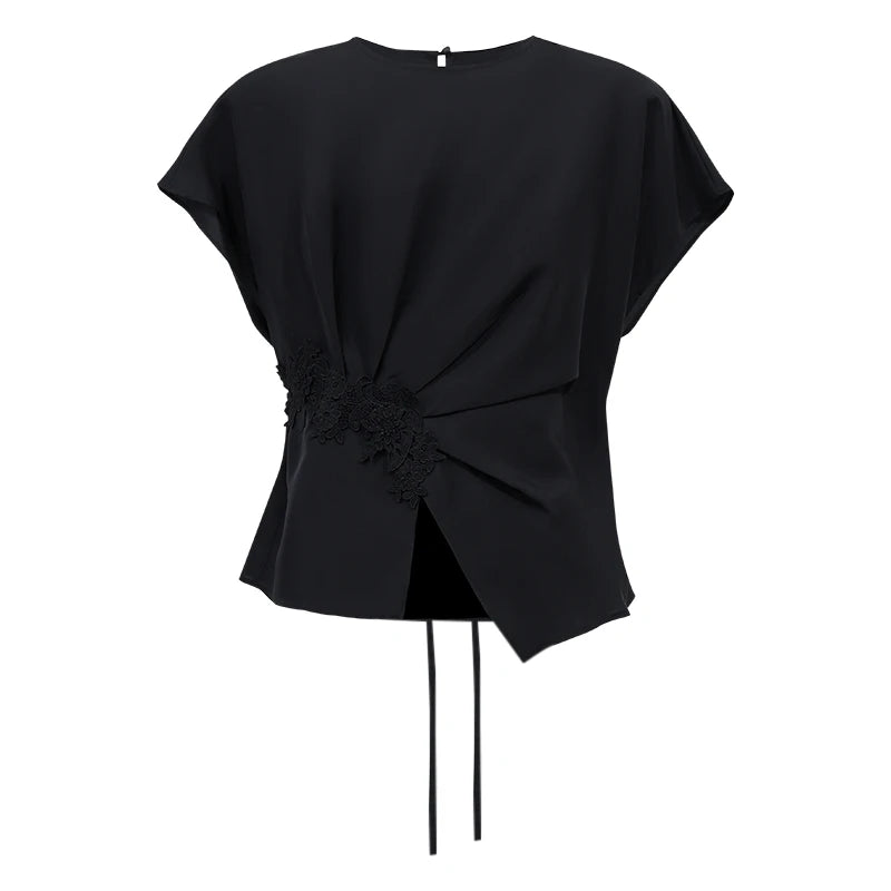 Amii Women's Blouse 2026 Summer New Round Neck Dolman Sleeve Lace Trim Top 100% Mulberry Silk Straight Fit Casual Shirt 12612037