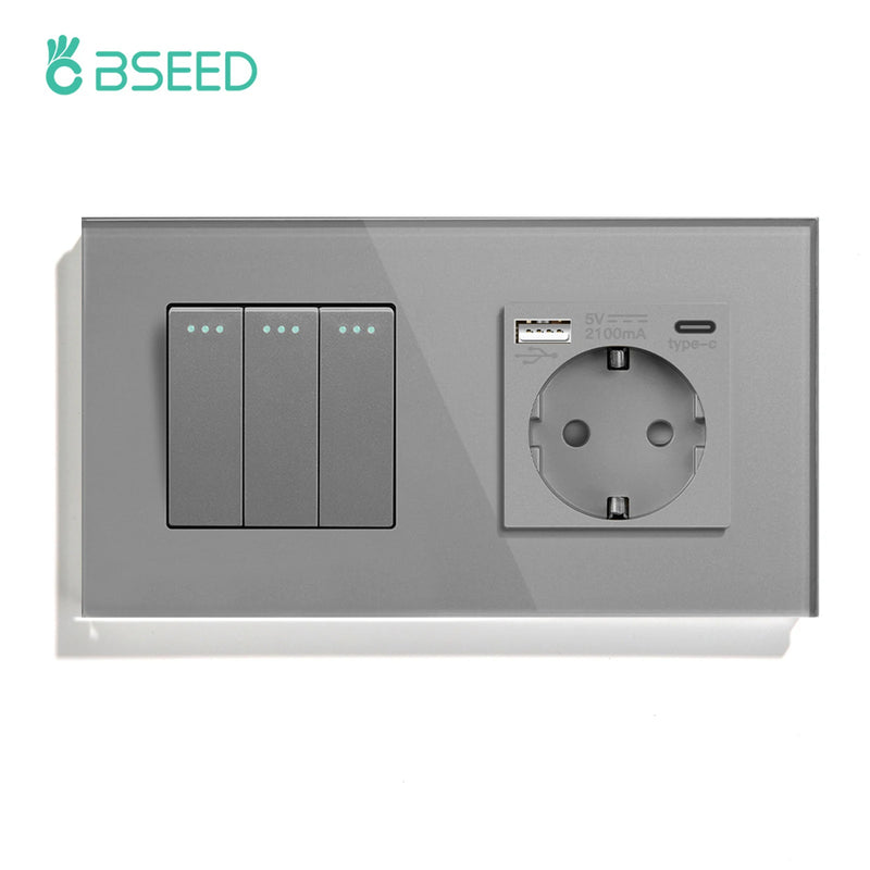 BSEED Mechanical Wall Button Switch 1/2/3Gang 1Way With Wall Power Socket Glass Frame USB Type-C Charge Port Home Improvement
