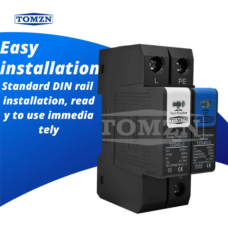 TOMZN N-PE Surge Protector SPD 1P+NPE & 3P+NPE Discharge Tube 20-50kA 230V/380V AC Pluggable T1+T2 1.5kV Flame-Retardant Housing