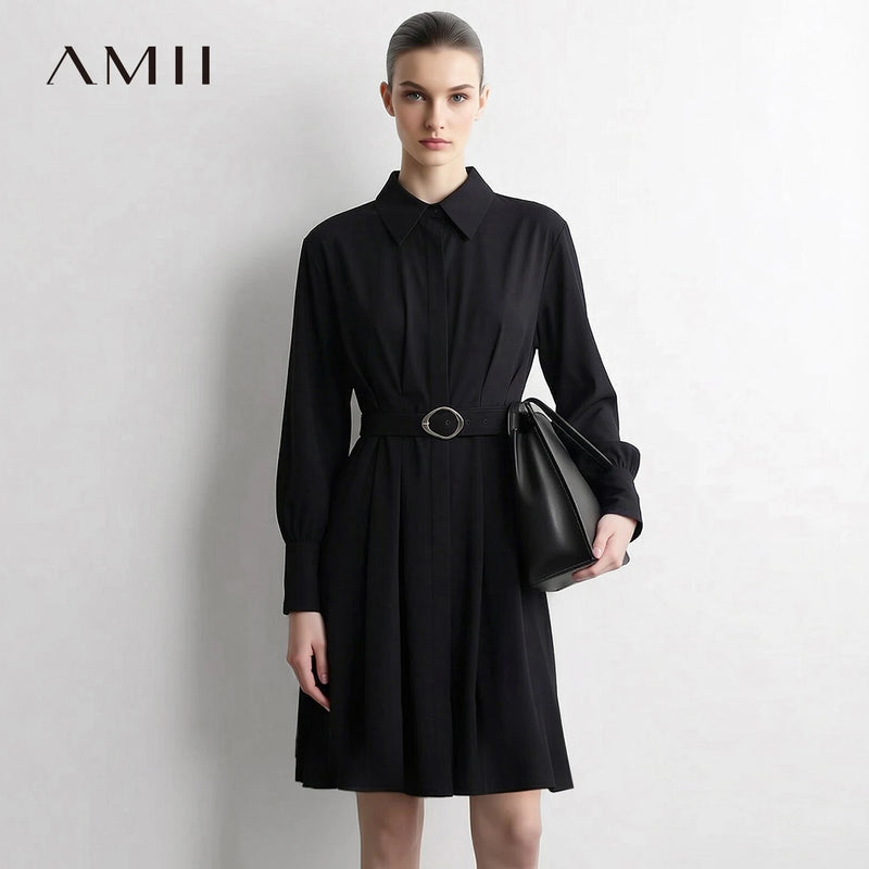 Amii Slim Women's Dress 2026 Autumn New Lapel Collar Office A-Line Midi Dresses D-ring Belt Long Sleeve Woman Clothes 12623020