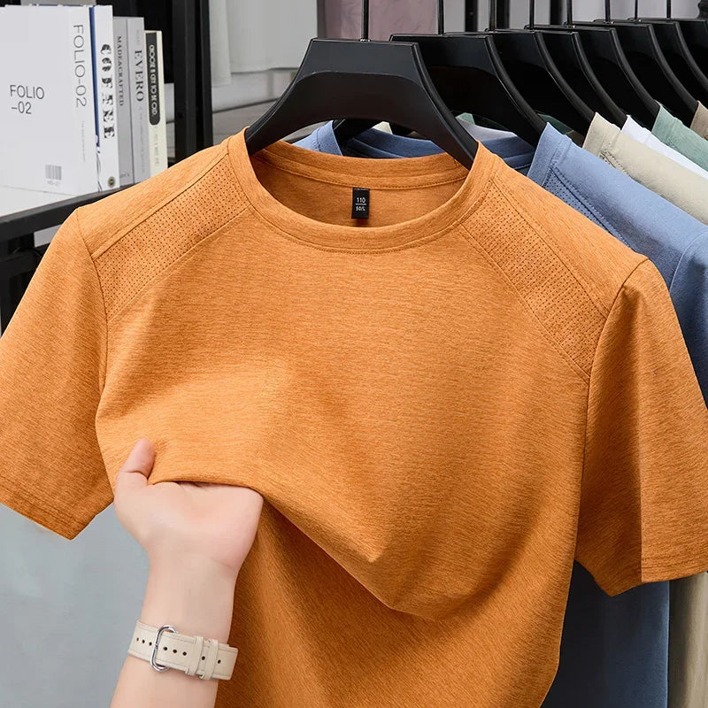 All Season Basic Solid Male Short Sleeve T Shirt Mesh Spliced Shoulder Home Rest Daily Commute Leisure Garment