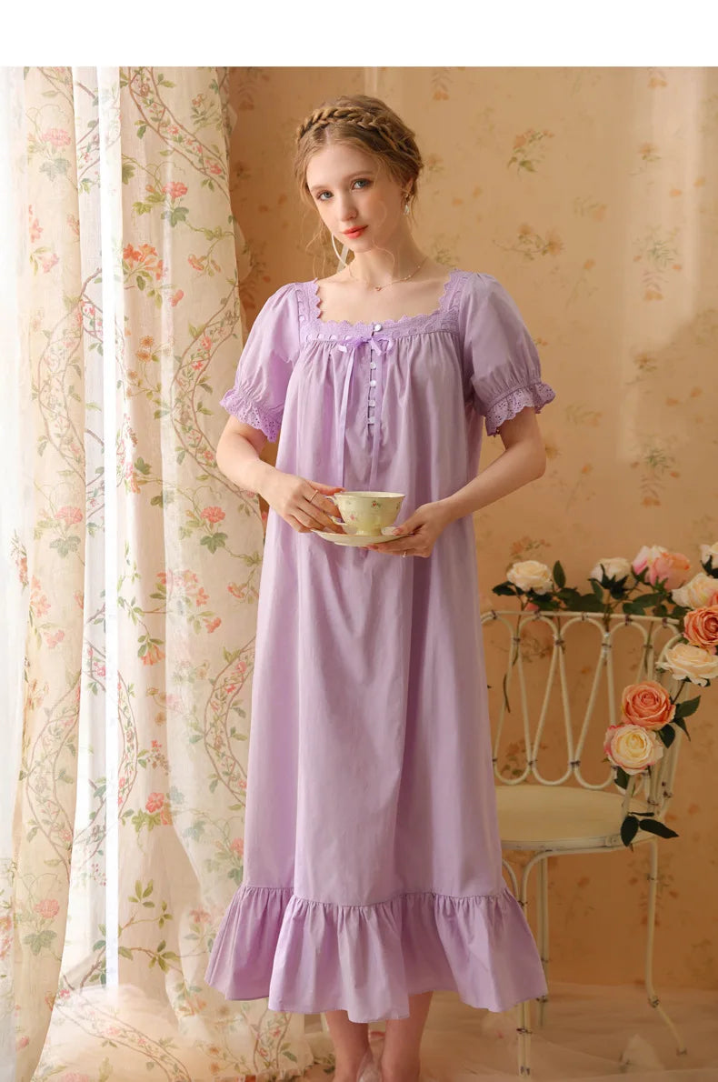 Princess Women Sleepwear One Piece Dress Summer Short Sleeve Pure Cotton Pajamas Dress Night Wear For Ladies Women's Nightgown