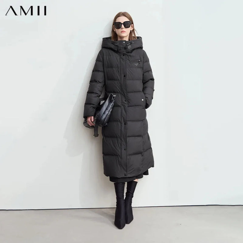 Amii 2026 Winter New Warm Hooded Graphene Lining Long Down Jacket Women Leather Brand Decorative Fashion Commuter Coat 12444029