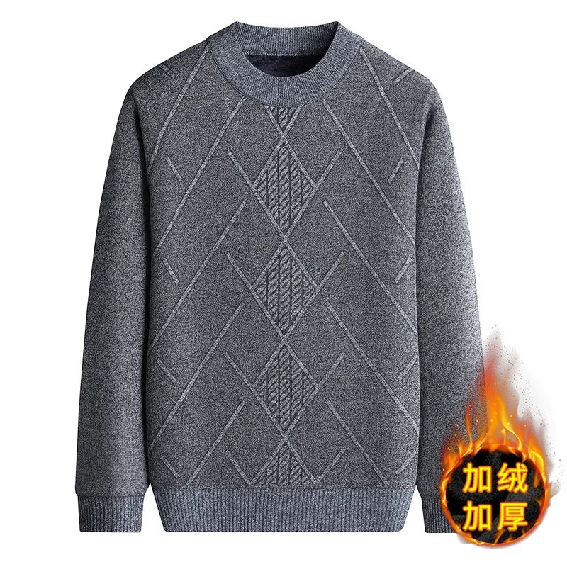 Breathable Outer Knit Men Thermal Jumper Full Plush Inner Retro Rhombus Jacquard Daily Commuting Pullover