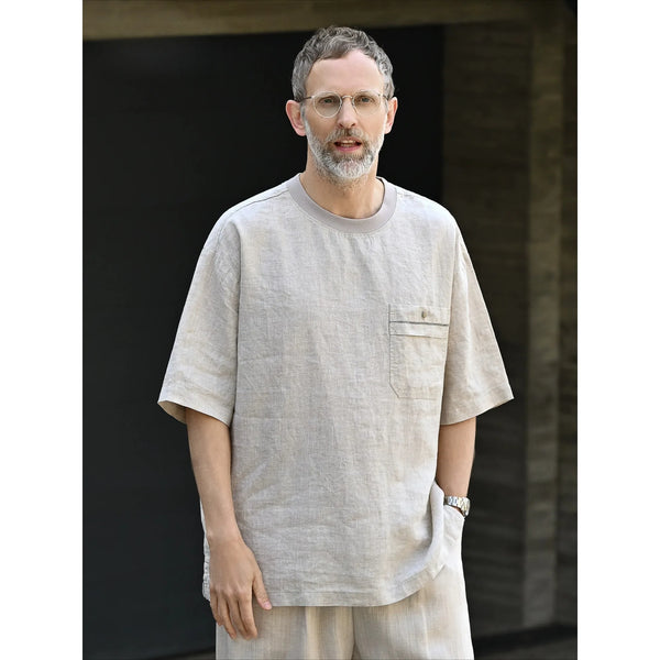 Linen Blend Short Sleeve T-Shirt – Loose Fit Crewneck with Chest Pocket, Lightweight & Cooling for Summer