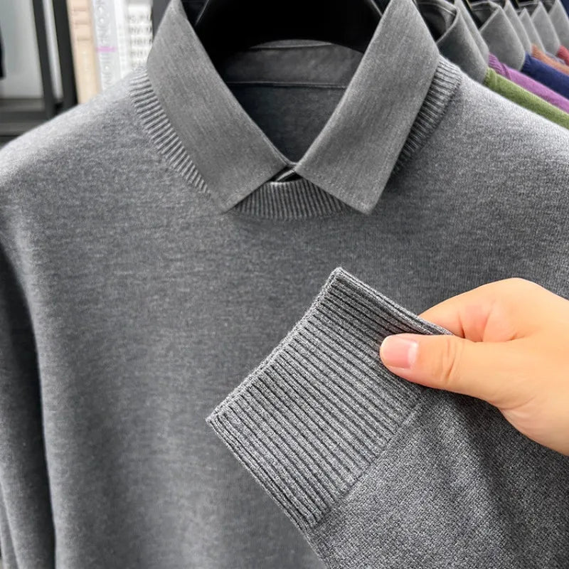 Men's Grey Faux Two-Layer Knit Sweater, Button-Down Shirt Collar with Soft Wool Blend Fabric, Smart Business Autumn Casual Wear
