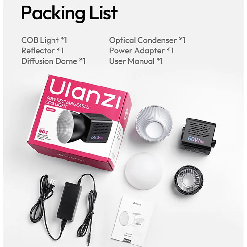 ភ្លើង Ulanzi C60 RGB ចល័ត 60W COB LED ភ្លើងវីដេអូ 2500-6500K 3300mAh Mini Bowens Mount ភ្លើងថតរូបសម្រាប់ការផ្សាយផ្ទាល់