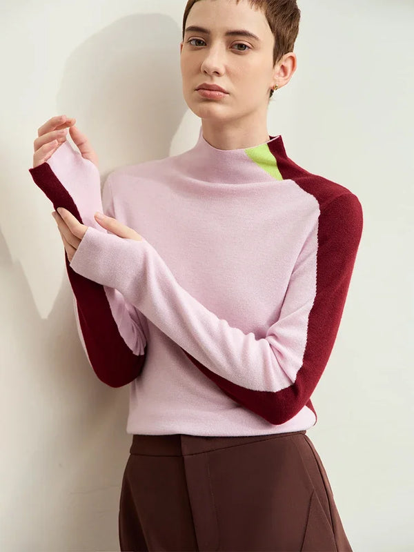 Amii Minimalism Women's Sweater 2026 Autumn New Basic Mock Neck Sweater for Woman Patchwork Slim Long Sleeve Tops Ladies12443133