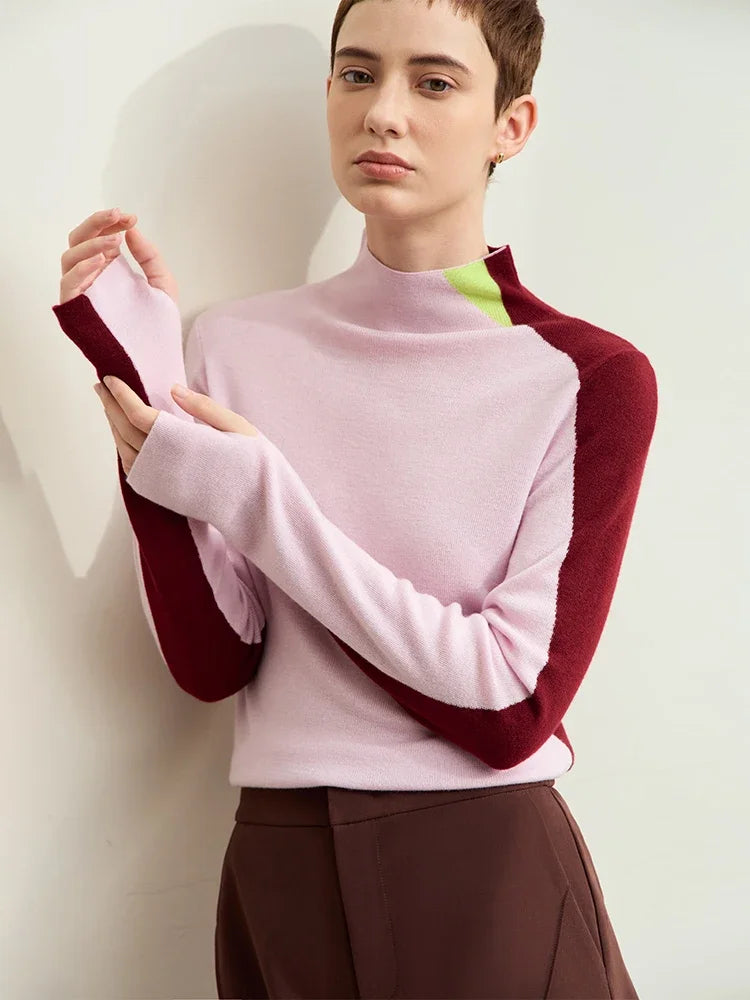 Amii Minimalism Women's Sweater 2026 Autumn New Basic Mock Neck Sweater for Woman Patchwork Slim Long Sleeve Tops Ladies12443133